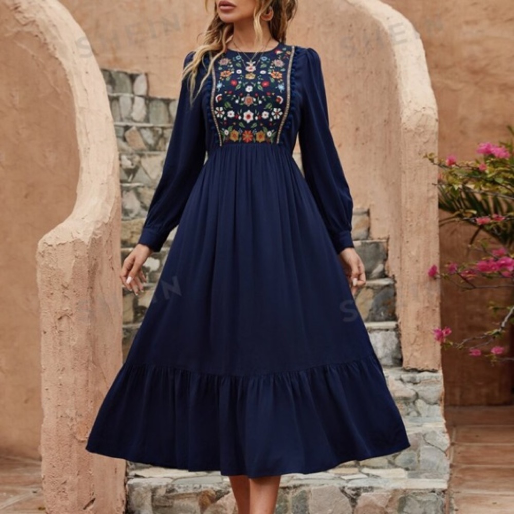 Floral Embroidered Dress in Navy